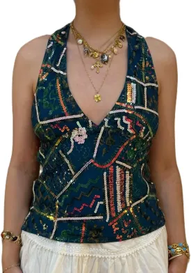 Women Y2k Sequin Halter Cami Top Sleeveless Open Back Tank Top Glitter Rhinestone Camisole Summer Streetwear