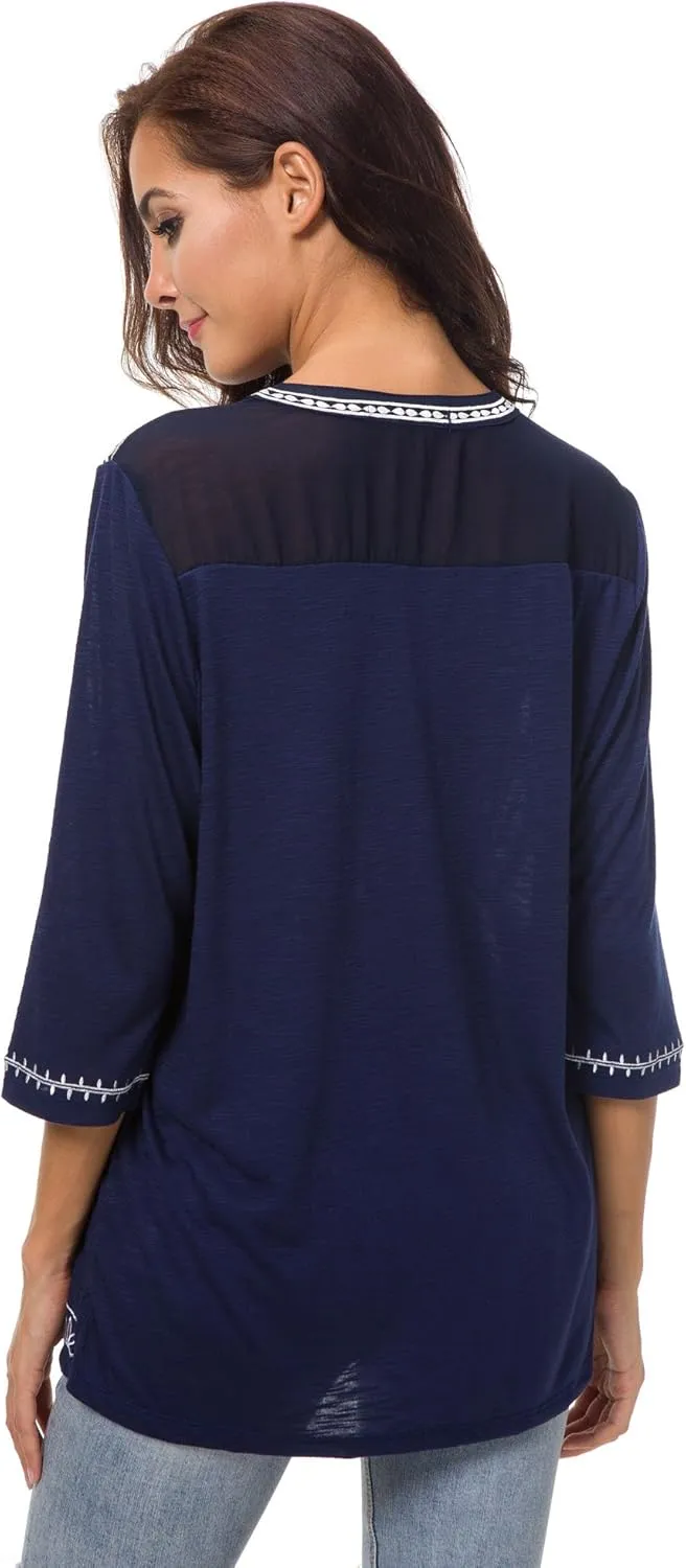 Women's 3/4 Sleeve Boho Shirts Embroidered Peasant Top