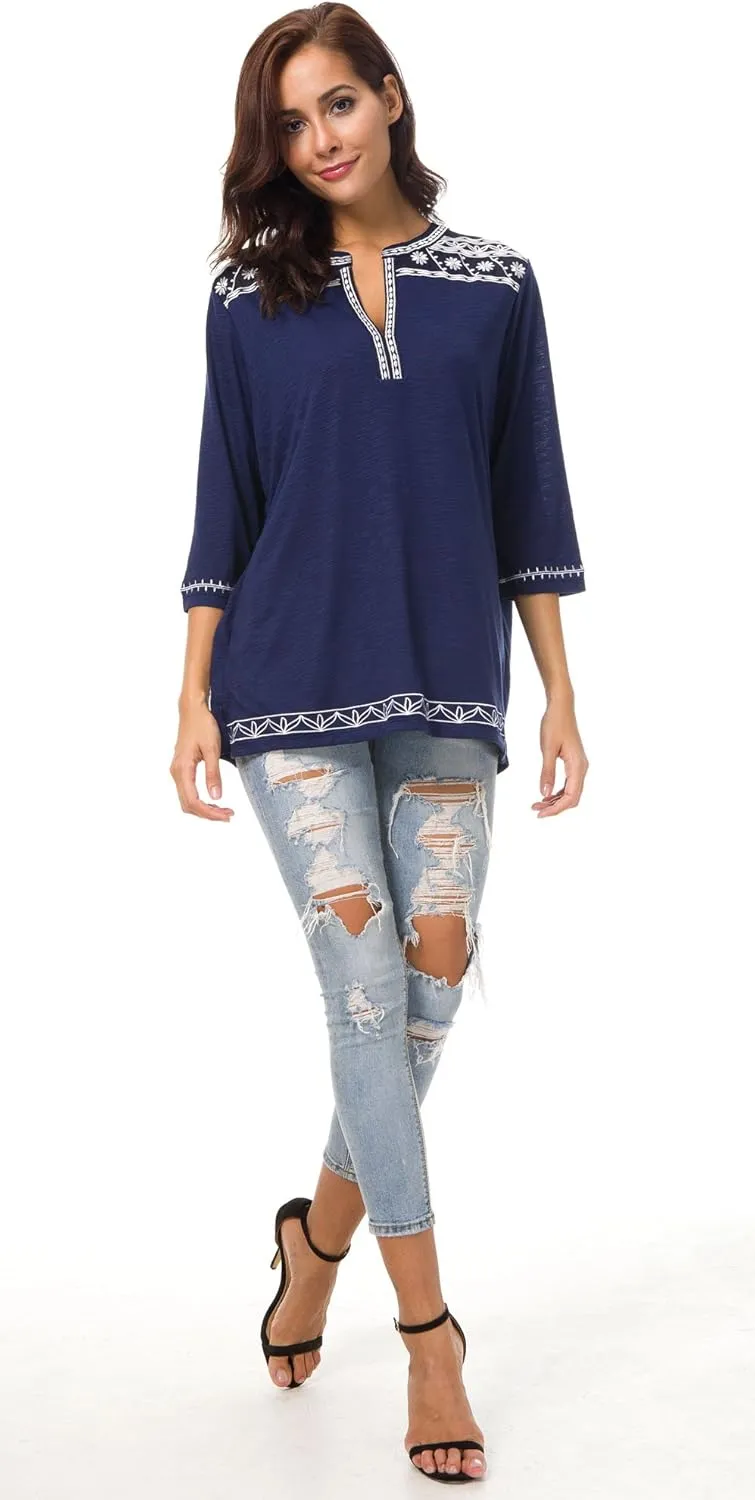 Women's 3/4 Sleeve Boho Shirts Embroidered Peasant Top