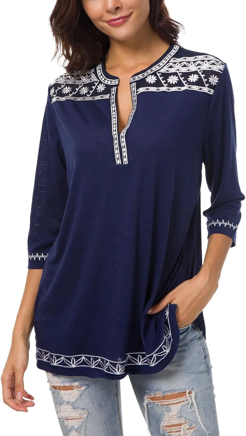 Women's 3/4 Sleeve Boho Shirts Embroidered Peasant Top