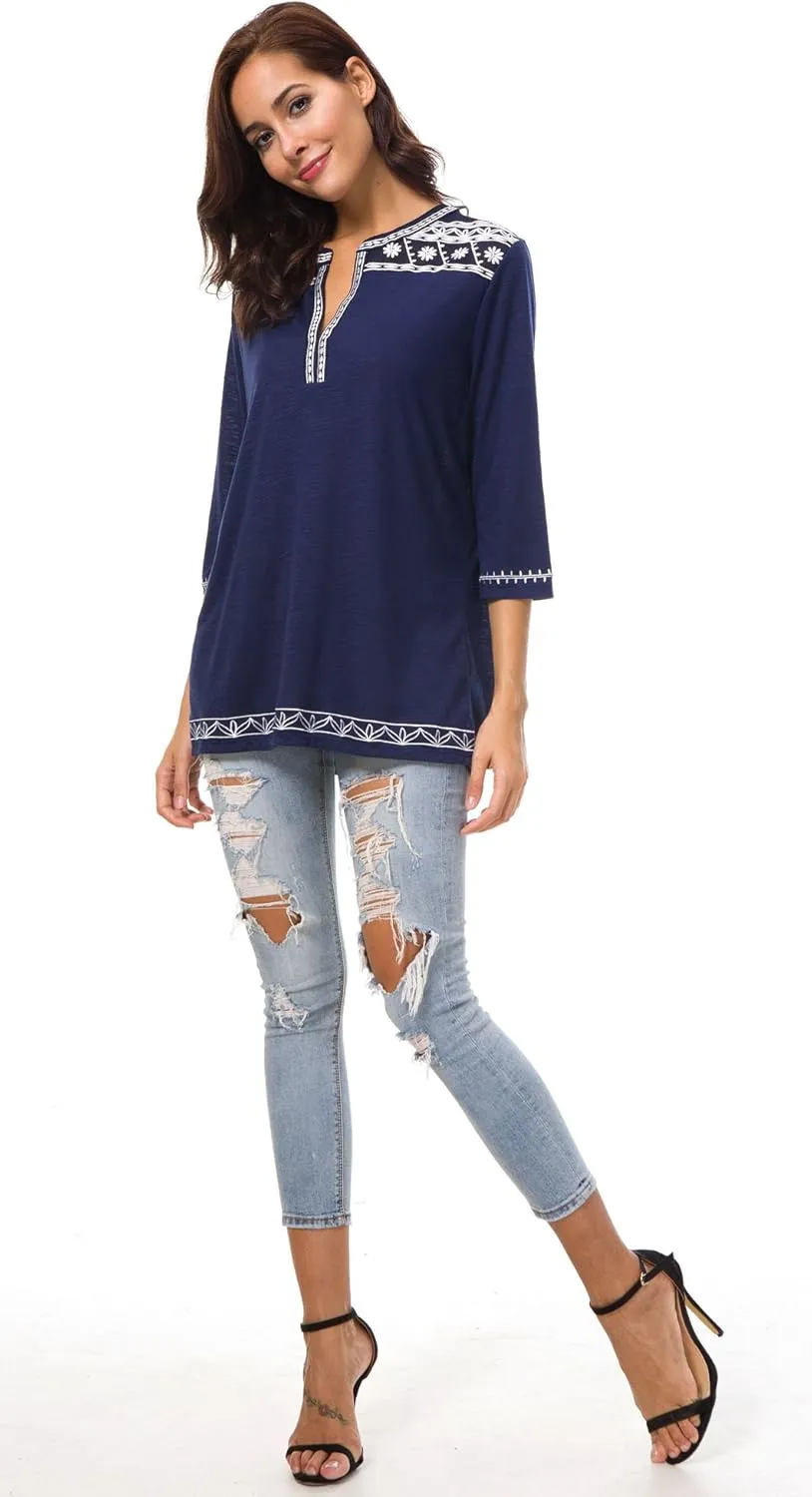 Women's 3/4 Sleeve Boho Shirts Embroidered Peasant Top