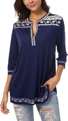 Women's 3/4 Sleeve Boho Shirts Embroidered Peasant Top