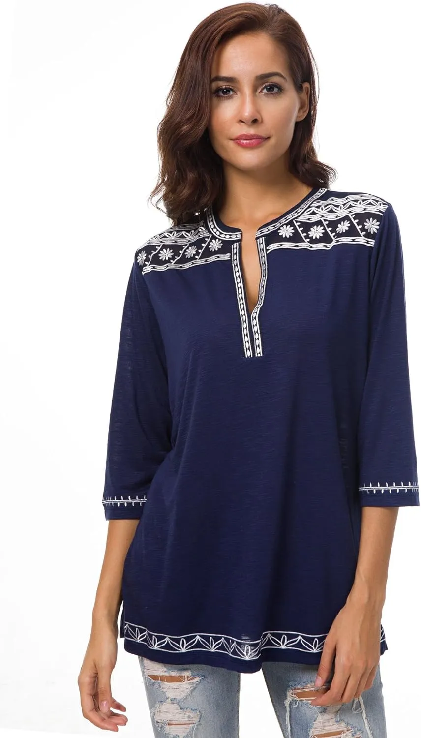 Women's 3/4 Sleeve Boho Shirts Embroidered Peasant Top