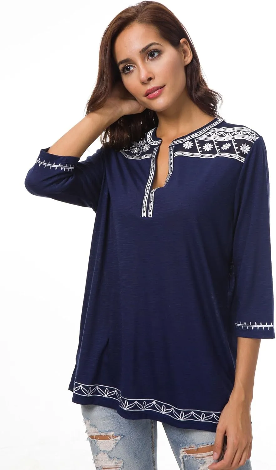 Women's 3/4 Sleeve Boho Shirts Embroidered Peasant Top
