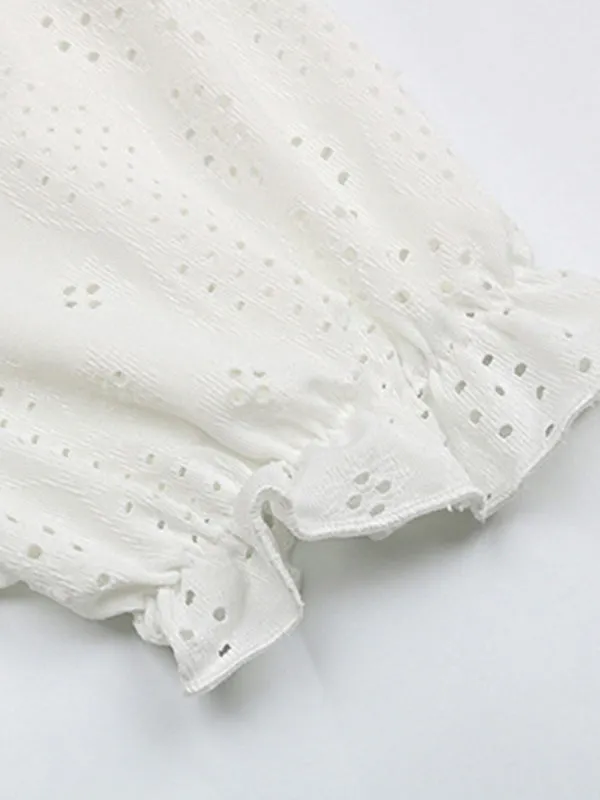 Women's Bohemian V-Neck Eyelet Romantic Short Sleeve Top