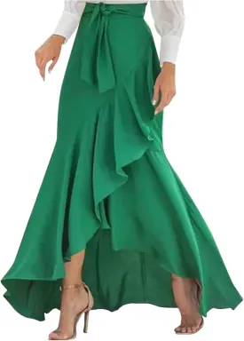 Womens Casual Mermaid Maxi Wrap Skirt A-Line Irregular Ruffle Hem Fishtail Long Skirts Elastic Tie Waist Work Clothes
