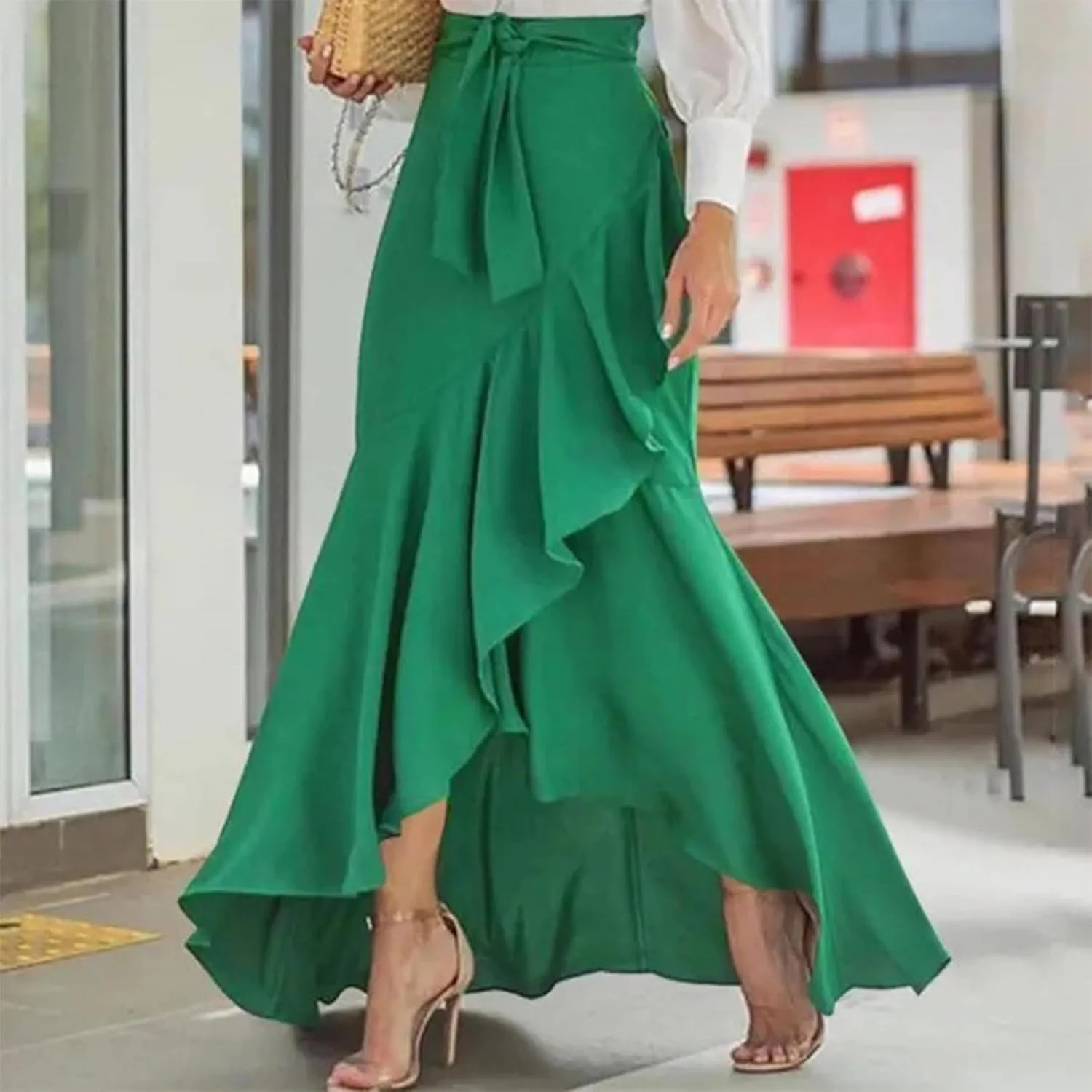 Womens Casual Mermaid Maxi Wrap Skirt A-Line Irregular Ruffle Hem Fishtail Long Skirts Elastic Tie Waist Work Clothes