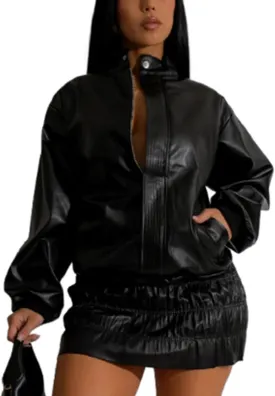 Women's Faux Leather 2 Piece Sets Long Sleeve Motorcycle Jacket Mini Ruched Skirt 2 piece outfit Sexy Club Tracksuit