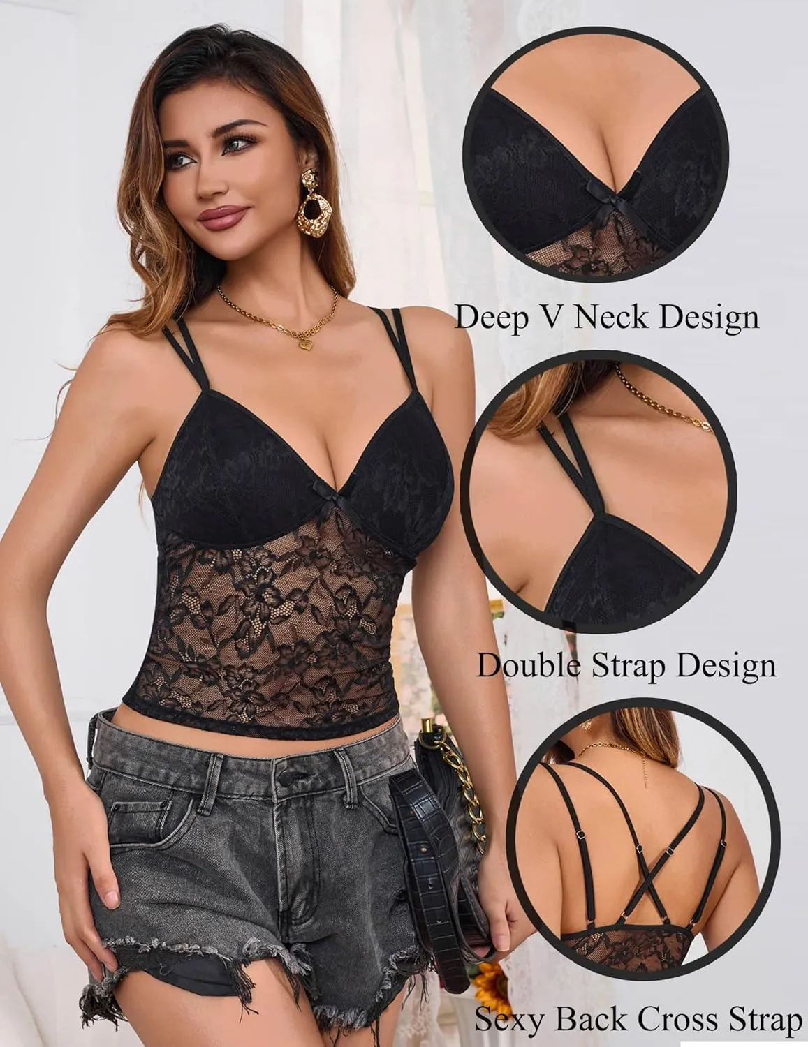 Women's Lace Camisole Slim Fit Y2K Sexy Mesh See Through Tank Top Going Out Top S-XXL