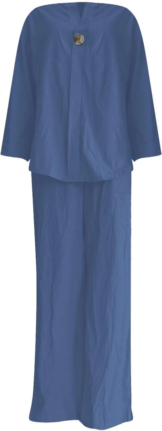 Women's Linen Shirt 3/4 Sleeves Button Down V Neck Solid Blouse and Capri Cotton Wide Leg Outfits