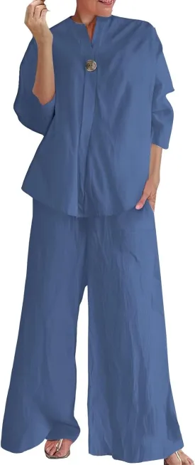 Women's Linen Shirt 3/4 Sleeves Button Down V Neck Solid Blouse and Capri Cotton Wide Leg Outfits