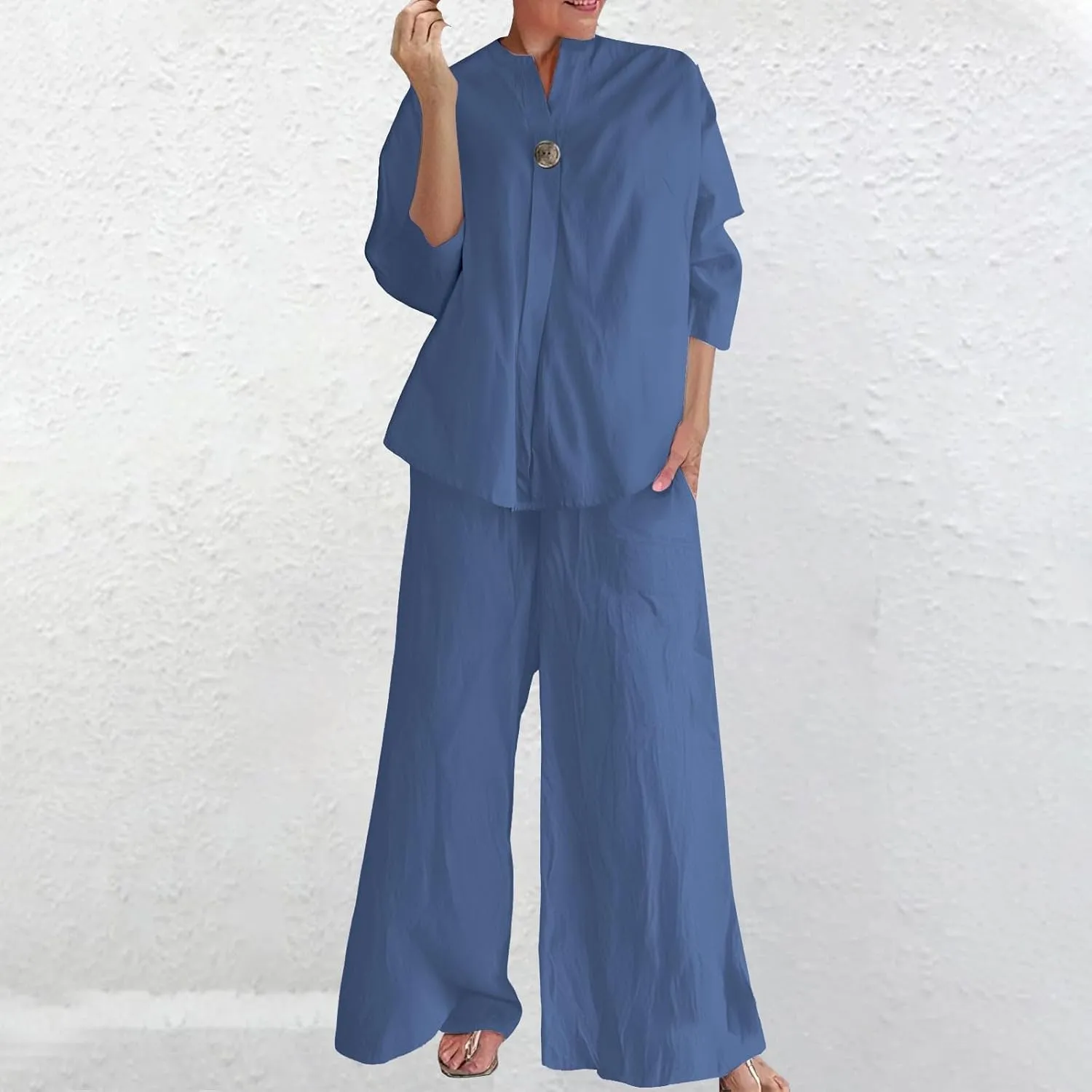 Women's Linen Shirt 3/4 Sleeves Button Down V Neck Solid Blouse and Capri Cotton Wide Leg Outfits