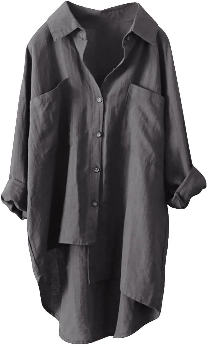 Women's Oversized Cotton Linen Shirts Blouses Tops Long Sleeve High Low Button Up Shirts Plus Size