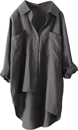Women's Oversized Cotton Linen Shirts Blouses Tops Long Sleeve High Low Button Up Shirts Plus Size
