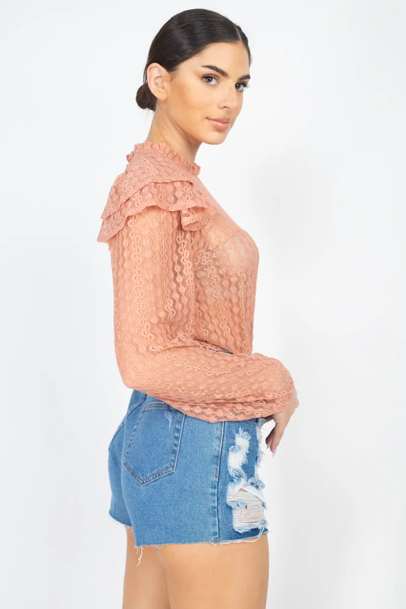 Women's Sheer Crochet Lace Ruffled Top