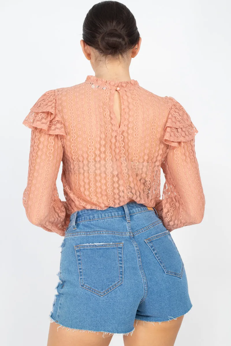 Women's Sheer Crochet Lace Ruffled Top