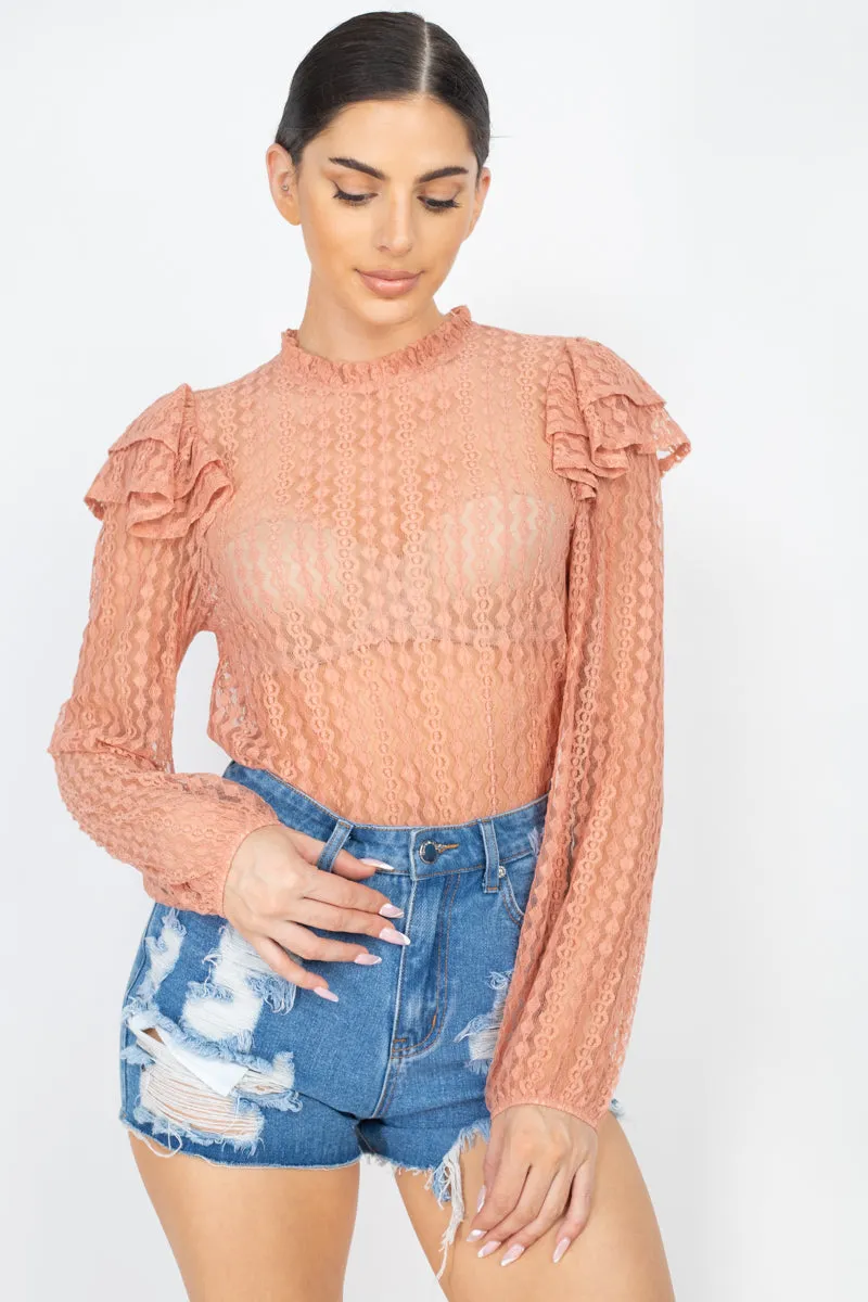 Women's Sheer Crochet Lace Ruffled Top