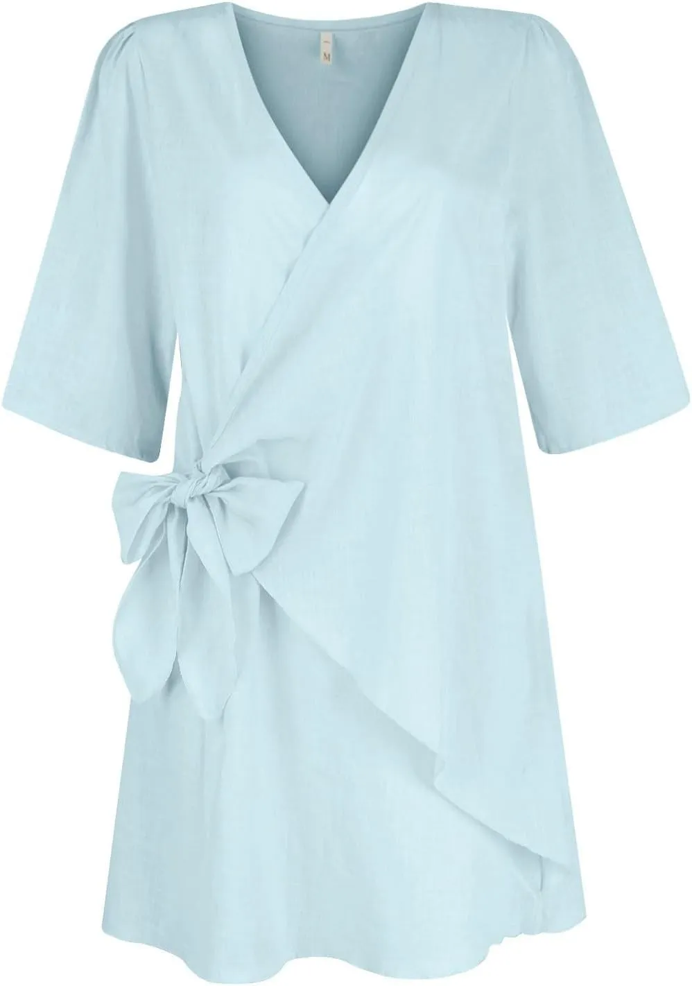 Womens Summer Linen Dresses V-Neck Short Sleeve Wrap Tie Mini Dress Beach Vacation Cocktail Dress