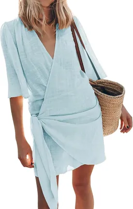 Womens Summer Linen Dresses V-Neck Short Sleeve Wrap Tie Mini Dress Beach Vacation Cocktail Dress