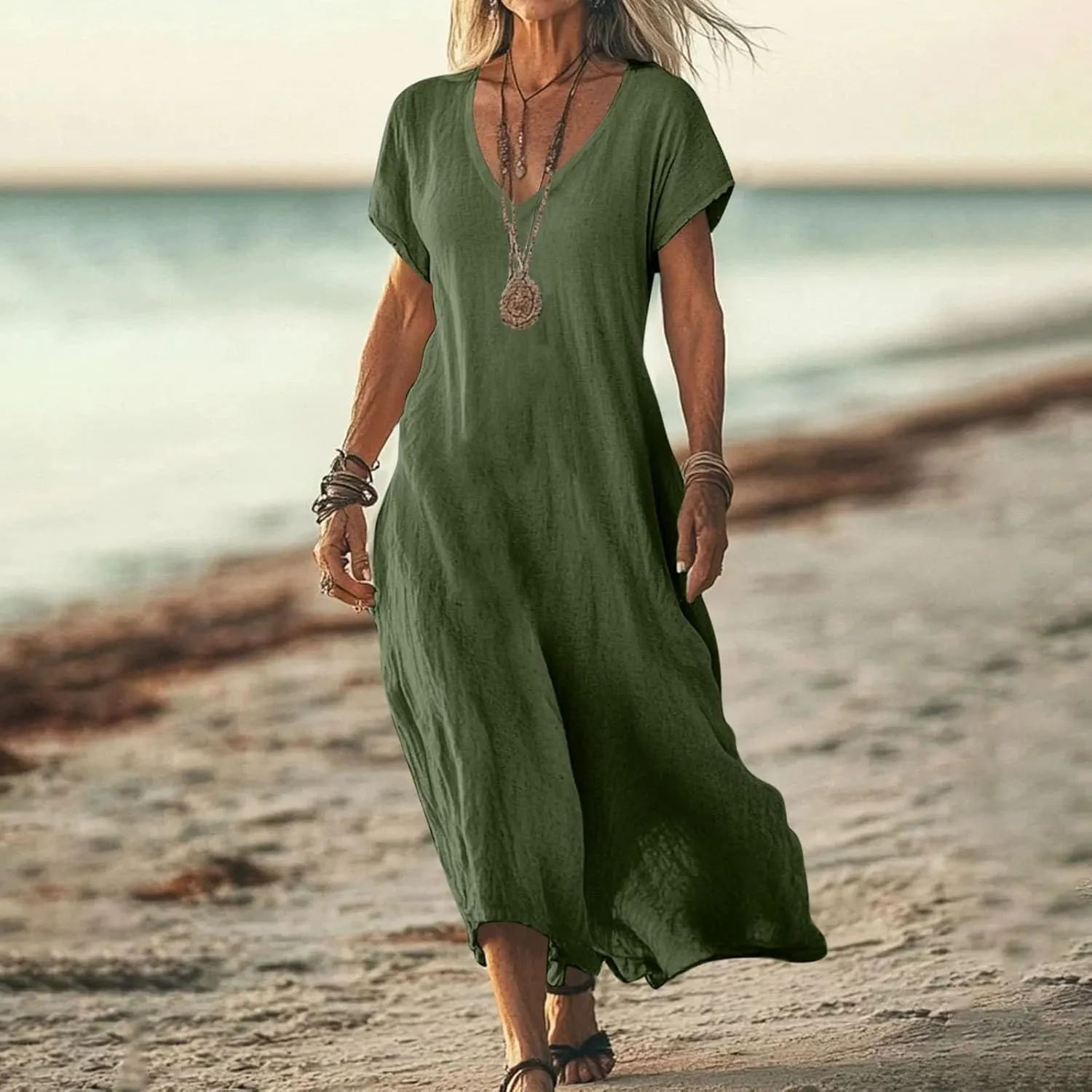 Womens Summer V Neck Solid Color Linen Loose Fit Sundress Fashion Short Sleeve Flowy Vacation Beach Maxi Dress