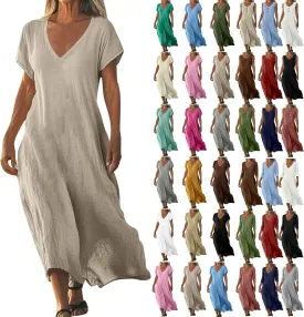 Womens Summer V Neck Solid Color Linen Loose Fit Sundress Fashion Short Sleeve Flowy Vacation Beach Maxi Dress