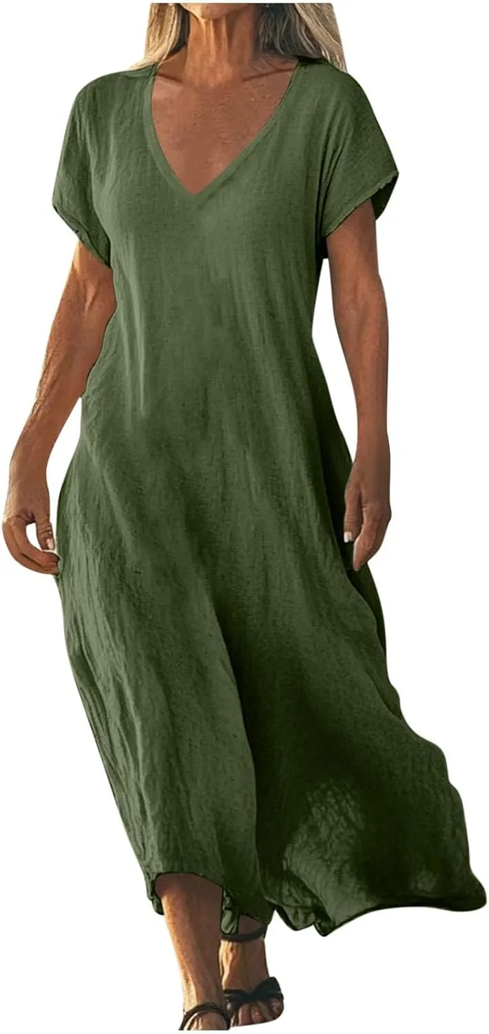 Womens Summer V Neck Solid Color Linen Loose Fit Sundress Fashion Short Sleeve Flowy Vacation Beach Maxi Dress