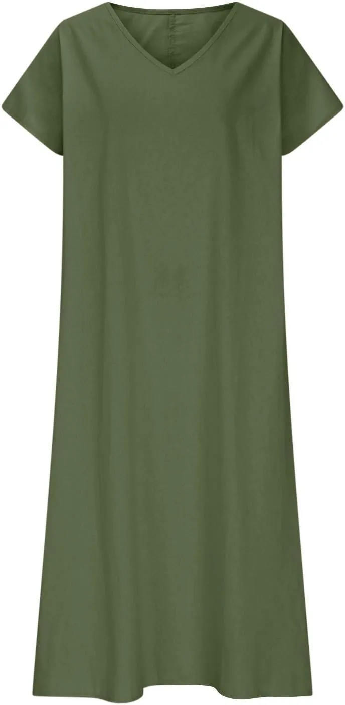 Womens Summer V Neck Solid Color Linen Loose Fit Sundress Fashion Short Sleeve Flowy Vacation Beach Maxi Dress