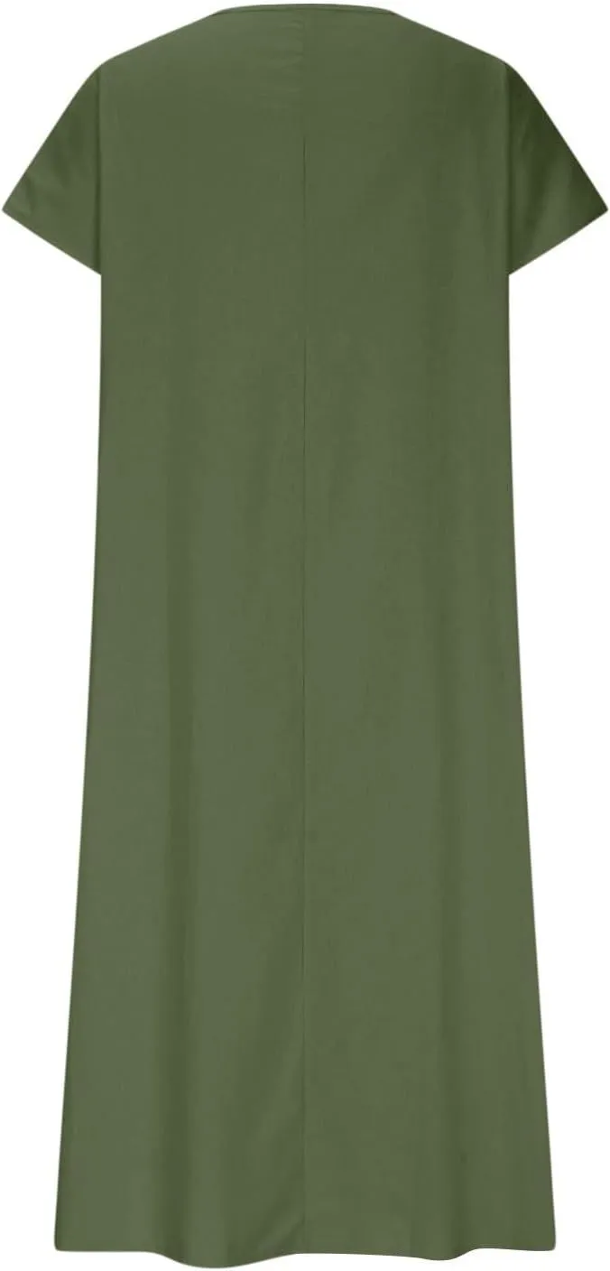 Womens Summer V Neck Solid Color Linen Loose Fit Sundress Fashion Short Sleeve Flowy Vacation Beach Maxi Dress