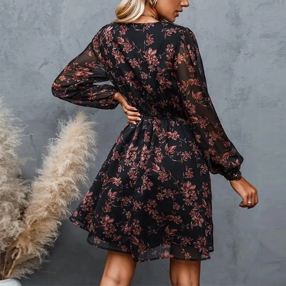 Women's V Neck Long Sleeve Floral Mini Dress A-line Chiffon Cocktail Party Wedding Guest Spring Fall Dresses