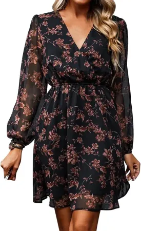 Women's V Neck Long Sleeve Floral Mini Dress A-line Chiffon Cocktail Party Wedding Guest Spring Fall Dresses