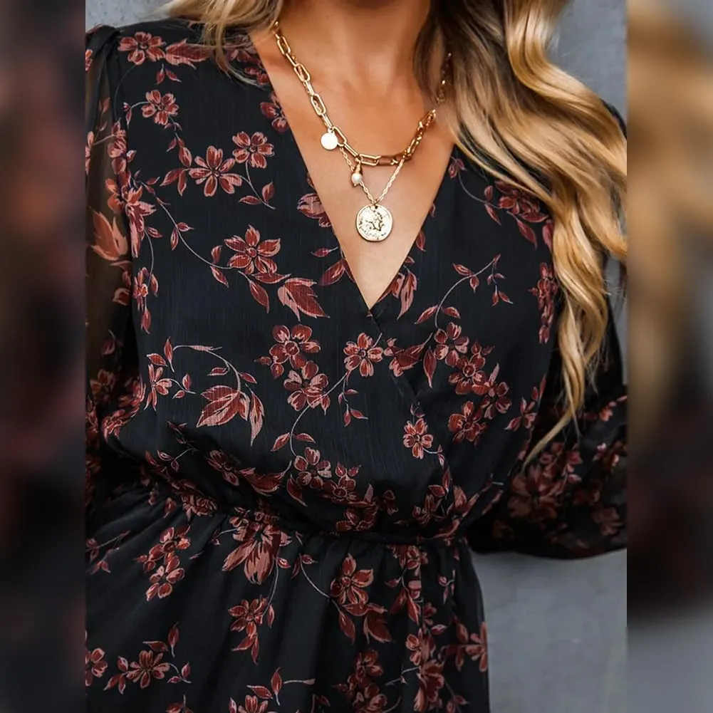 Women's V Neck Long Sleeve Floral Mini Dress A-line Chiffon Cocktail Party Wedding Guest Spring Fall Dresses