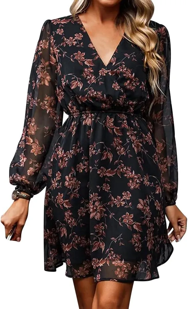 Women's V Neck Long Sleeve Floral Mini Dress A-line Chiffon Cocktail Party Wedding Guest Spring Fall Dresses