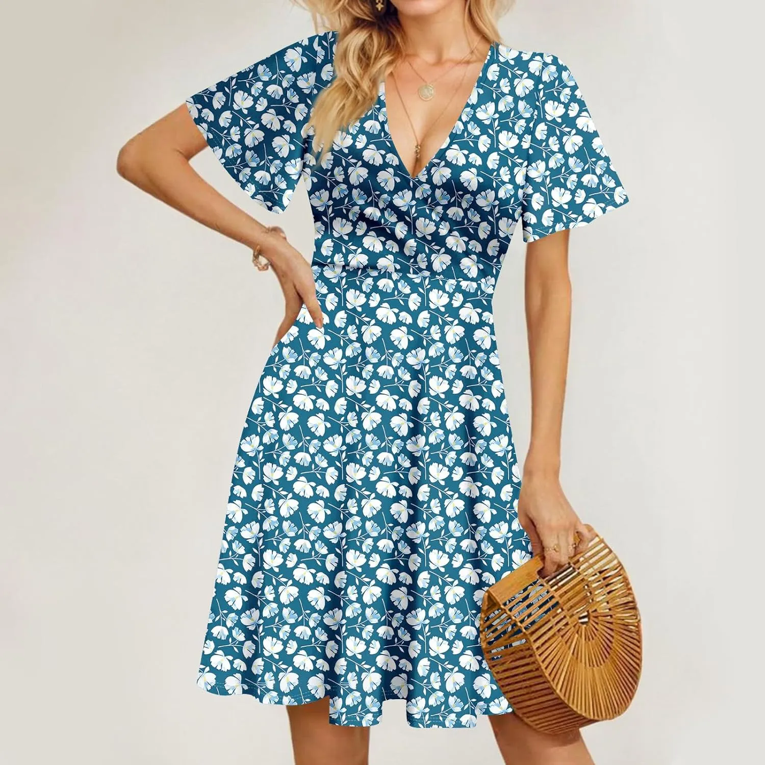 Wrap Dress for Women Cute Spring Floral Flowy Casual Midi Dresses Bohemian Simple Empire Waist Fit and Flare Dress
