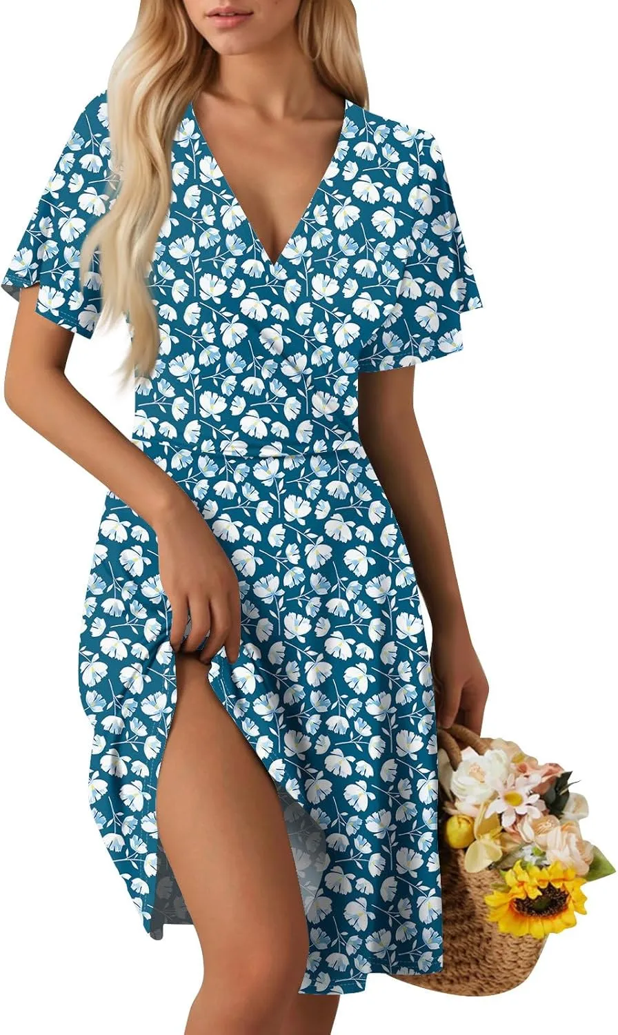 Wrap Dress for Women Cute Spring Floral Flowy Casual Midi Dresses Bohemian Simple Empire Waist Fit and Flare Dress