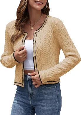ZAFUL Womens Cable Knit Cropped Cardigan Sweater Button Down Long Sleeve Open Front 2024 Fall Trendy Jackets Outerwear